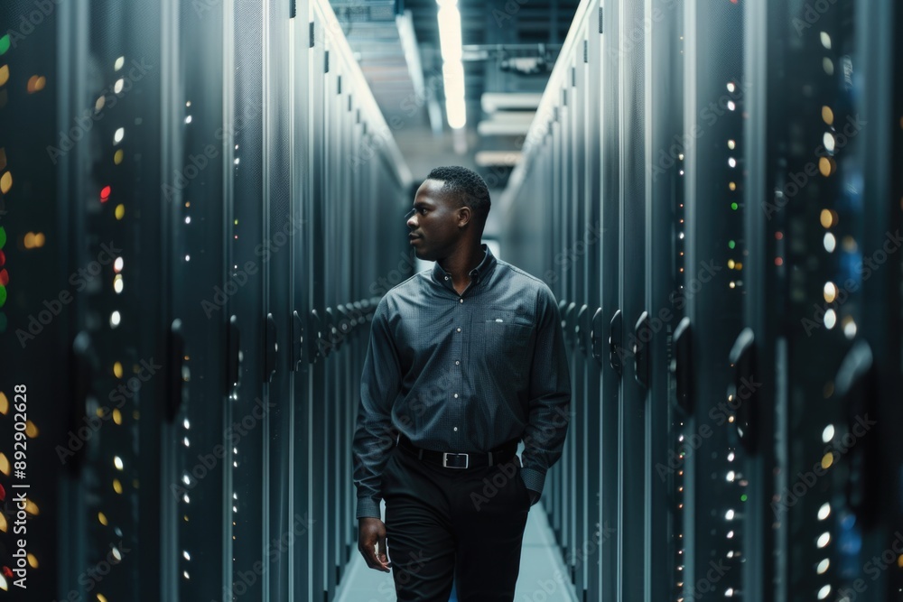 Aufkleber a person standing in a modern server room with various computer equipment and racks