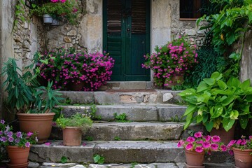 Naklejka premium Picturesque stone entrance with a green door, flanked by vibrant pink and green potted plants
