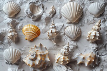 A detailed seashell collection 3D carved from marble, stone on the background,