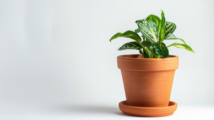 Obraz premium Terracotta plant container on white backdrop with text area