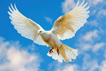 Beautiful white dove with outstretched wings soars under a bright blue sky with soft clouds