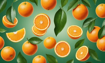 Oranges with half slices falling or floating in the air with green leaves isolated on background