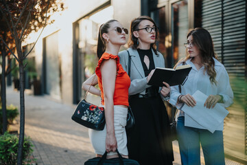 Three businesswomen engaged in a discussion about project details while walking in an urban setting. They appear focused and professional, indicating a collaborative work environment.