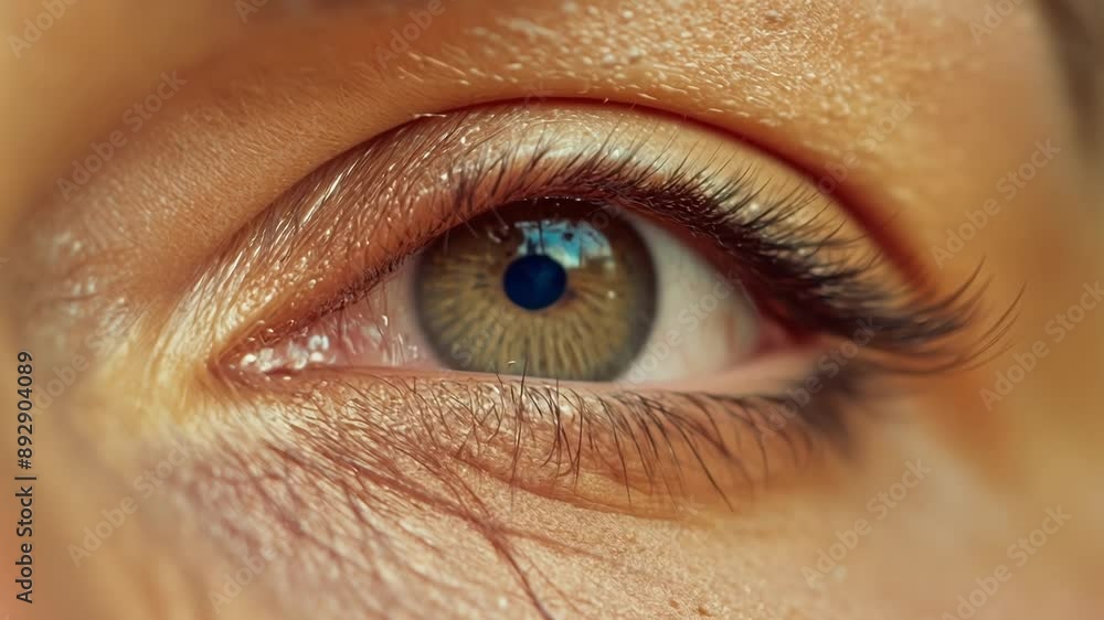 Poster macro shot of a womans eyelashes coated in a mirage of sandy particles as if she has been walking th