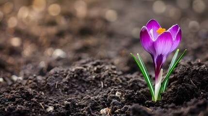 A purple crocus flower is growing out of the soil
