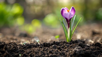 A purple crocus flower is growing out of the soil
