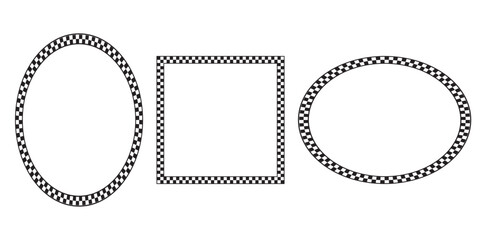 Set of frames with black and white squares checkered print. Oval and square forms with checkerboard, race flag or chess plane pattern. Geometric frameworks. Vector graphic illistration