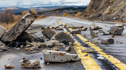 Highway with fallen rocks, debris on road, cautionary scene