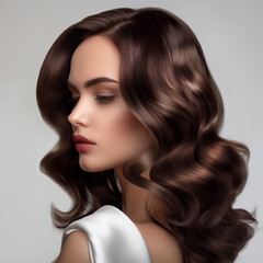 Beautiful woman with long wavy brown hair and natural makeup, studio portrait, fashion and beauty concept, elegant model, glamorous look, professional hairstyle, stylish elegance, high-quality photo