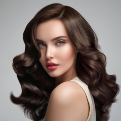 Fototapeta premium Beautiful woman with long wavy brown hair and natural makeup, studio portrait, fashion and beauty concept, elegant model, glamorous look, professional hairstyle, stylish elegance, high-quality photo