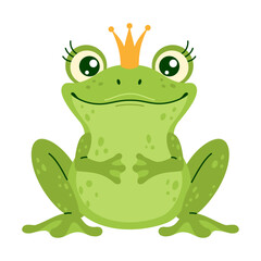 Illustration of a green Frog Prince wearing a golden crown, sitting and smiling on a white background. Hand drawn trendy flat style isolated Vector illustration. Concept of fairy tales and royalty. 