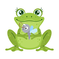 Cute green frog with big eyes and eyelashes holding a mosquito with blue wings. The little frog is sitting. Animal illustration concept Hand drawn trendy flat style isolated vector illustration