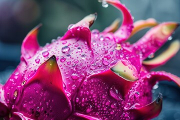 Closeup of vivid dragon fruit with fresh morning dew, highlighting texture and colors