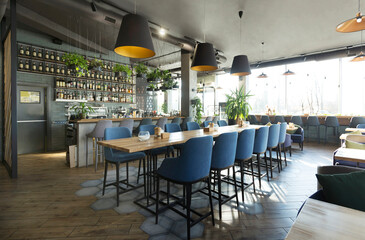Stylish restaurant interior for dinner and rest with great cocktails in the night time, copy space