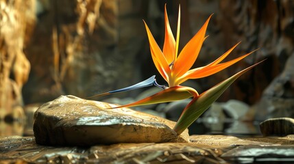 A majestic bird of paradise 3D carved from marble, stone on the background,