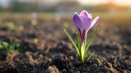 A purple crocus flower is growing out of the soil