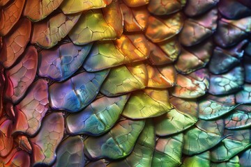 Fototapeta premium Stunning closeup macrophotography of vibrant iridescent scales with intricate patterns and shimmering textures in natural rainbow colors. Showcasing the beautiful. Bright