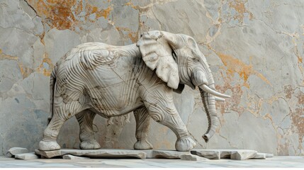 A majestic elephant walking 3D carved from marble, stone on the background,