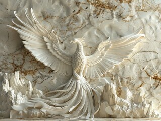 A majestic phoenix soaring 3D carved from marble, stone on the background,
