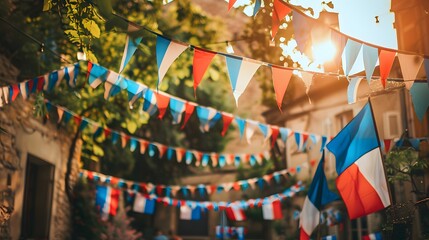 Blue white red french flags patriotic garlands decorating a village square, July 14 party, National Day celebration panoramic web banner