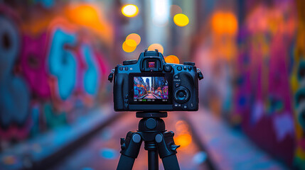 Camera on tripod capturing vibrant street art, colorful graffiti, urban photography, creative inspiration, modern art scene, artistic expression, cityscape, high-quality photo, street culture, dynamic