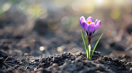 A purple crocus flower is growing out of the soil
