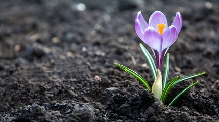 A purple crocus flower is growing out of the soil