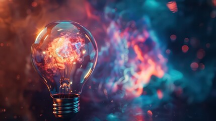 A creative photograph of a lightbulb with a luminous, swirling nebula inside