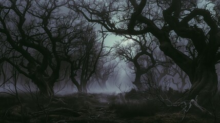 A forest with trees in the background and a moon in the sky