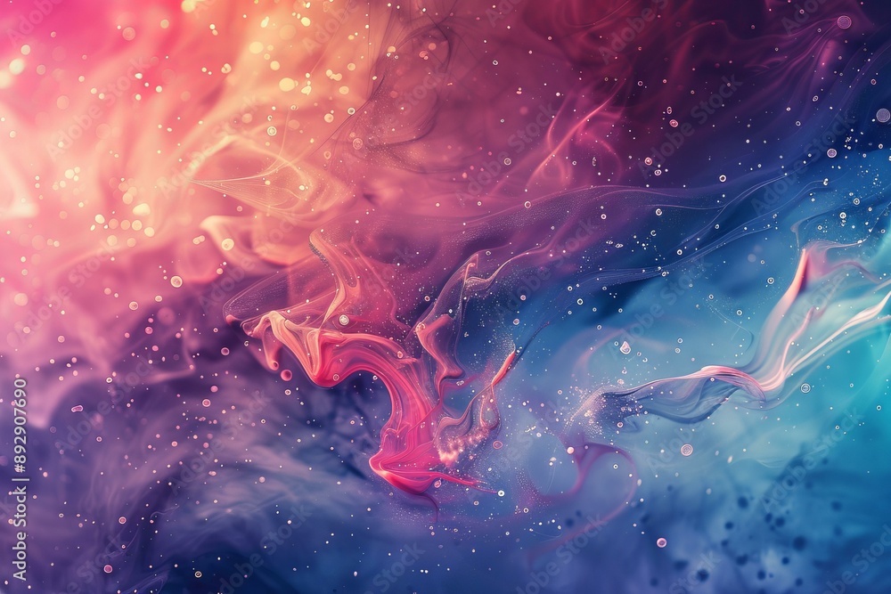 Poster mesmerizing backdrop with a dynamic blend of vivid pink and blue hues, adorned with sparkling partic