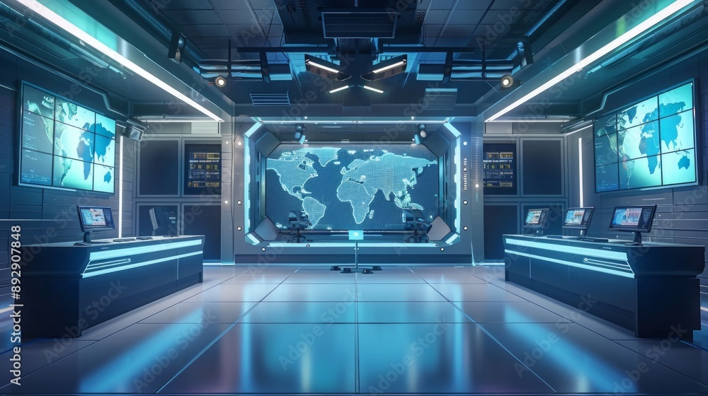 Poster futuristic control room with world maps on screens. a high-tech hub with lots of screens. perfect fo