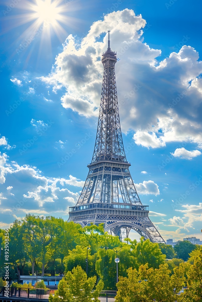 Wall mural Eiffel tower and blue sky panoramic header with copy space, Paris web banner, France