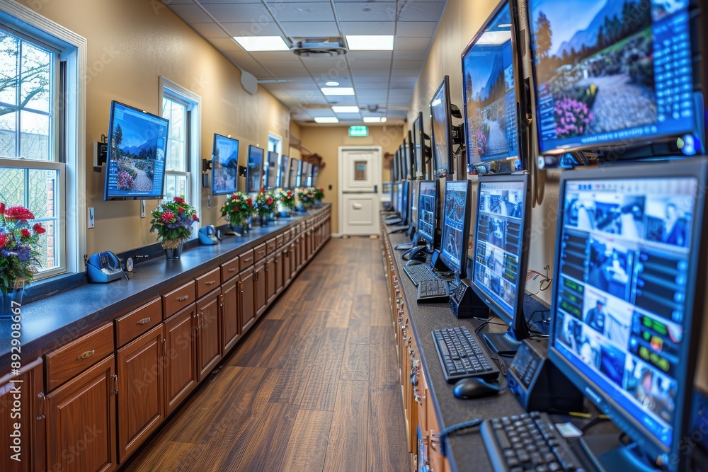 Poster the image shows a security monitoring room with multiple screens displaying live footage from securi