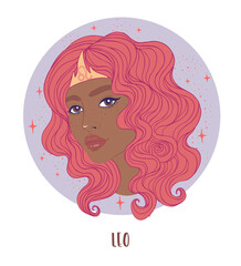 Illustration of Leo astrological sign as a beautiful African American girl. Zodiac vector illustration isolated on white. Future telling, horoscope, alchemy, spirituality, fashion black woman.
