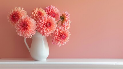 Coral pink dahlias in a jug on a white shelf against a neutral wall © Lasvu