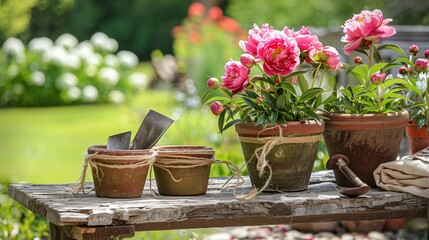 rustic garden bench with gardening tools and potted flowers vibrant garden spring gardening