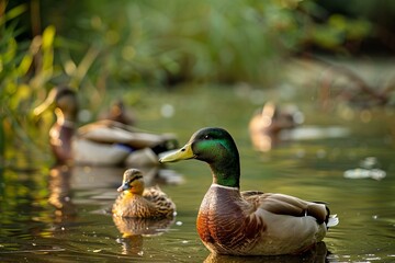 Majestic mallard ducks swim peacefully in a sunlit pond, surrounded by lush greenery