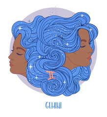 Illustration of Gemini astrological sign as a beautiful African American girl. Zodiac vector illustration isolated on white. Future telling, horoscope, alchemy, spirituality, fashion black woman.