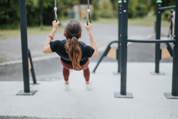 Focused young woman engaging in a workout using outdoor gym equipment in a park, demonstrating...