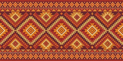 Aztec pattern with autumnal hues of burnt orange, deep red, and mustard, featuring geometric shapes for cozy fall textiles
