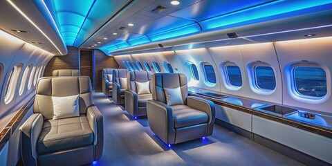 Fototapeta premium Modern airplane cabin with comfortable seating, mood lighting, and elegant design , luxury, travel, aircraft