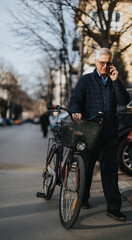 Fototapeta premium Senior man with glasses talking on smart phone next to his bicycle on city street.