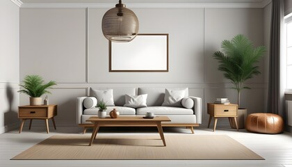 Modern living room interior design with minimalist trend furniture, vintage style, augmented reality, mockup