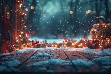 Obraz premium Christmas wooden table holiday background