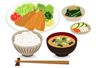 揚げ物_アジフライ定食（アジフライランチ）背景白