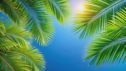 Fototapeta premium Palm leaves against a clear blue sky with copy space, palm leaves, tropical, nature, blue sky, background, summer