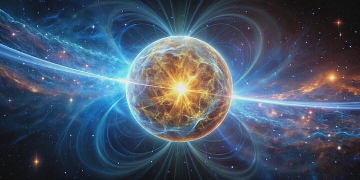 Realistic rendering of a neutron star with intense magnetic fields and high energy radiation, neutron star