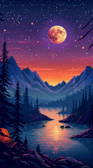 Fototapeta premium camping in the moutains with the view, 2d cartoon style