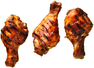 Three BBQ chicken drumsticks; barbecue grilled with grill marks