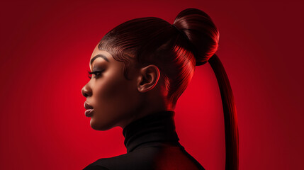 Striking profile portrait of woman with sleek ponytail and bold makeup, red background, modern fashion, high-quality image, strong visual impact, contemporary beauty, confident pose, dramatic style